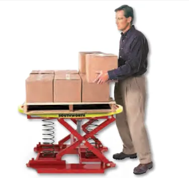 Trabajador usa niveladora de carga para cumplir la Norma NOM-036 STPS, evitando posturas forzadas al cargar cajas.