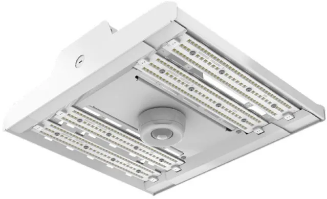 Iluminación para fábricas en forma lineal con LED a los costados, es de color blanco y de la marca GE Current