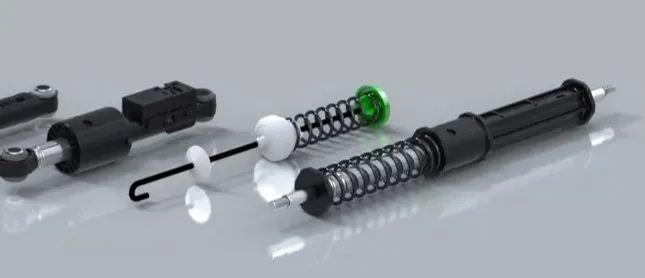 Tres actuadores industriales hídraulicos de diferentes tipos, de color negro con blanco de la marca SUSPA