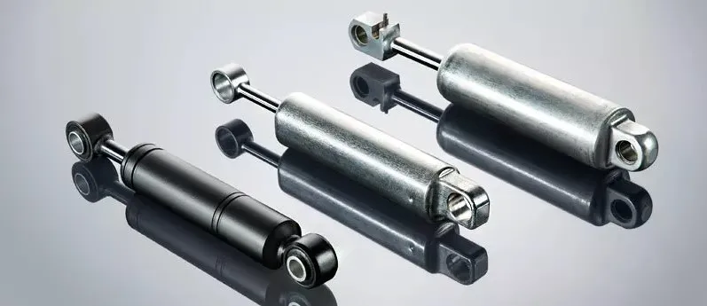 Imágen de tres tipos de actuadores industriales hidráulicos de acero de SUSPA colocados diagonalmente