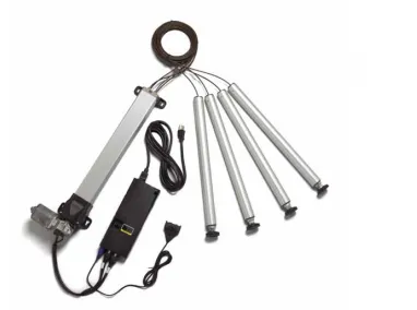 Kit completo de sistemas de elevación para mesas eléctrico, con actuador, control, cableado y cuatro columnas de acero.