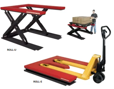 Equipos para manejo de tarimas: mesas elevadoras en forma de U y E compatibles con patines hidráulicos para fácil acceso.