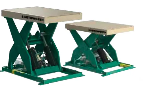 Mesa de elevación con estructura de perfiles de aluminio utilizando resortes de gas Southworth para mobiliario industrial ergonómico.