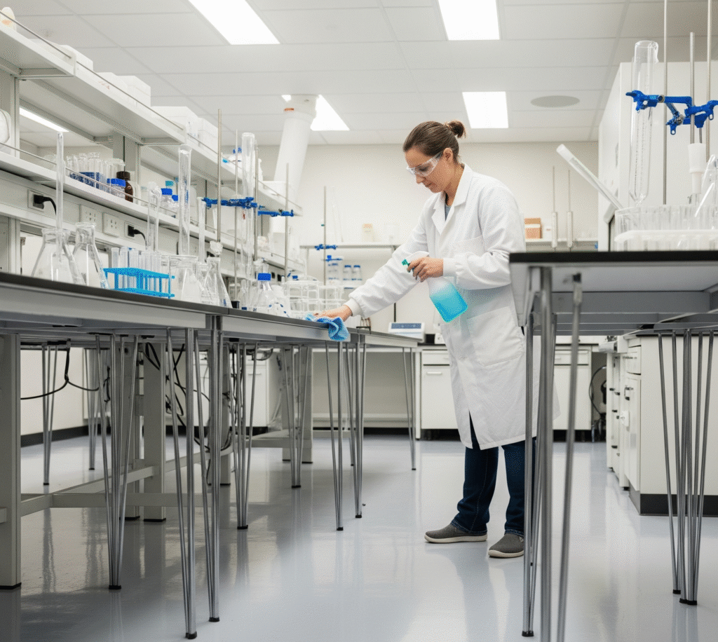 Científica en bata blanca limpiando una mesa en un laboratorio moderno, asegurando la asepsia vital en el sector médico y laboratorio.