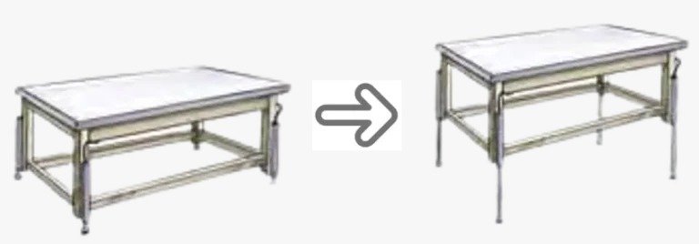 Ilustración de una mesa de laboratorio ajustable transformándose, crucial para la ergonomía en el sector médico y laboratorio.