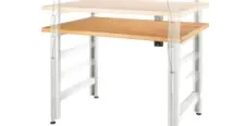 Mesa de trabajo ajustable de color café con blanco con kit de sistema de elevación con 4 pistones para mejorar la ergonomía en tu empresa.