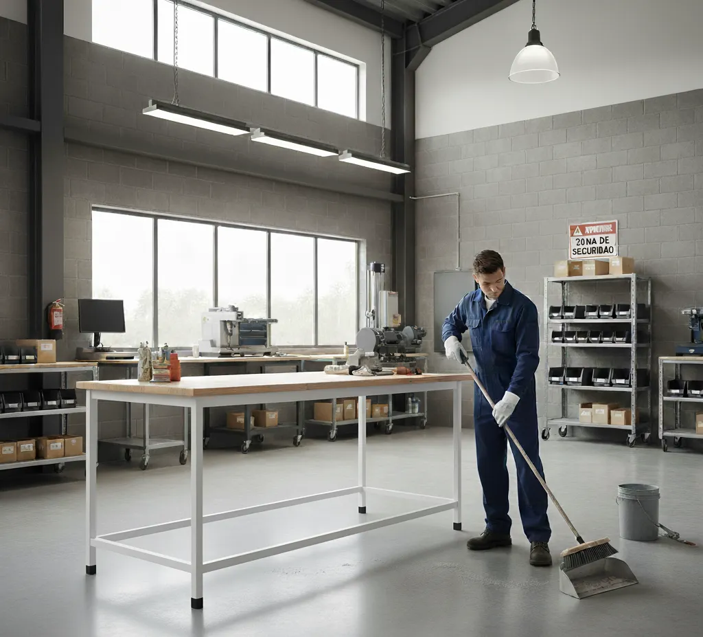 Persona barriendo a un lado de una mesa con resortes SUSPA reflejando la eficiencia en el sector industrial.