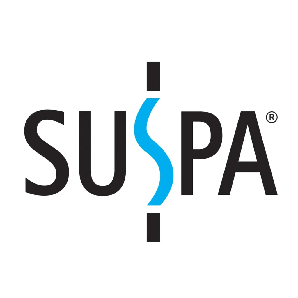 Logo de SUSPA, fabricante de amortiguadores de gas. Texto negro con una "S" azul ondulada vertical en el centro