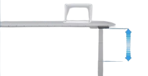 Mesa de trabajo industrial completa con estantes, cajas y con un sistema de elevación de mesas de trabajo Suspa