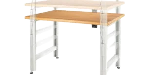 Estructura de mesa de trabajo de madera con sistema de ajuste de altura manual Suspa mostrando niveles.