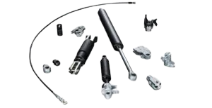 Surtido de resortes de gas Suspa junto con cables de accionamiento, soportes metálicos y accesorios de montaje.