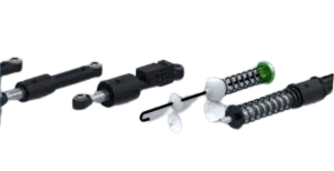 Variedad de amortiguadores y sistemas de suspensión Suspa, incluyendo modelos con resorte visible y acabados negros.