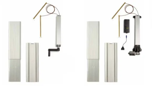 Dos sistemas ATU Lift System, un componente manuales y uno eléctrico con patas plateadas sobre un fondo blanco