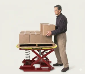 Vista general del producto PalletPal 360 Air en donde tiene varias cajas en la parte superior y un hombre está tomando una de ellas.
