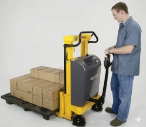 Vista general del producto PalletPal Mobile Levelers en donde un hombre usa la parte de agarradera para poder moverlo.