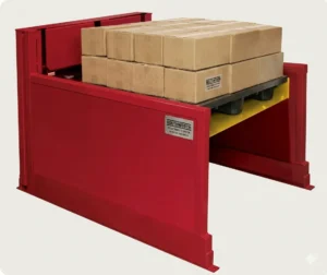 Vista semilateral del producto PalletPal roll on level Loaders de color rojo con una base de color amarillo y detalle de cajas en la parte superior.
