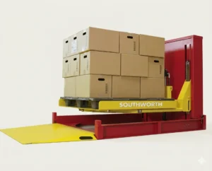 Elevador y nivelador de palets Southworth con plataforma giratoria, cargado con cajas de cartón apiladas y mostrando su rampa de acceso amarilla en la base.