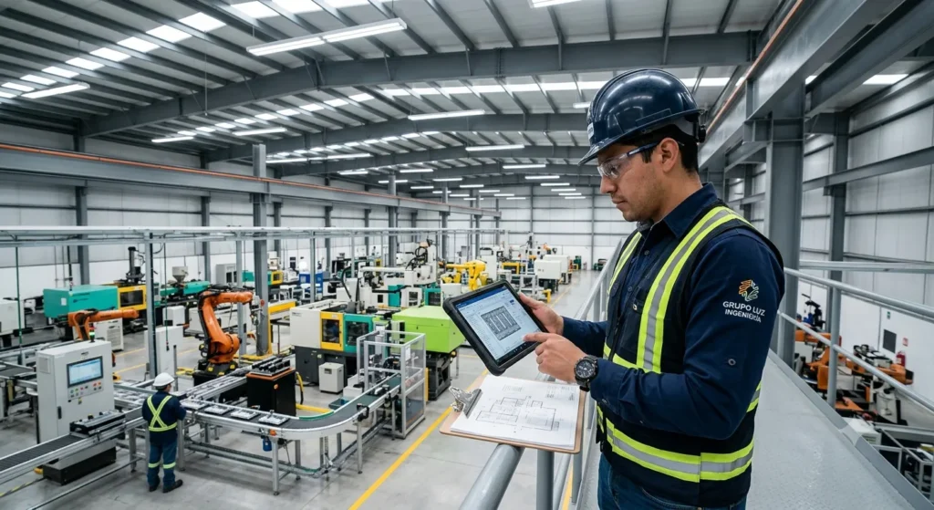 Ingeniero evaluando sistemas de iluminación industrial LED en una planta de manufactura moderna.