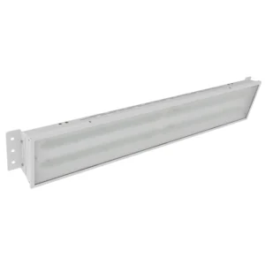 Vista en ángulo de la luminaria LED industrial general LE101, con marco resistente y módulos de luz LED translúcidos diseñados para iluminación de alto rendimiento en entornos industriales.