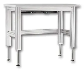 Dyna-Lift Internal Extrusion Mount System - Sistema de elevación montado en perfil de aluminio. Dyna-Lift Internal Extrusion Mount System instalado en el bastidor de una mesa de perfil estructural de aluminio para ajuste de altura.